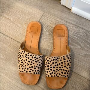 Dolce Vita Tan and Black Leopard Calf Hair Slide Sandals